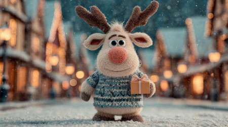 Christmas reindeer with gift box in snowy street. Christmas background.の素材