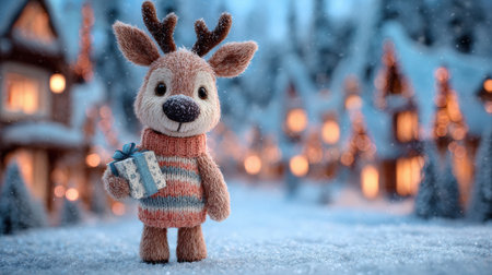 Christmas reindeer with a gift in his hand in the winter forest.の素材