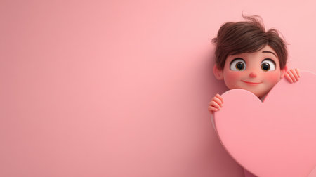 Little girl with pink heart on pink background. Valentines day concept.の素材