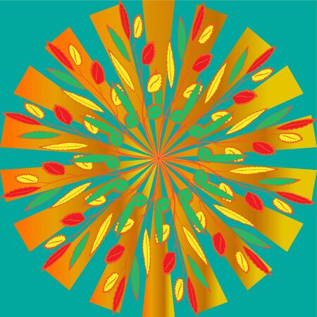 Abstract autumn illustration. Colorful leaves on a background of abstract rays of the sunのイラスト素材
