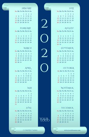 2020 wall calendar on mint gradient parchment with place for your company name, website. Sundays highlighted in red. English planner. Navy blue background. Vector template 10 EPS. Verticalのイラスト素材