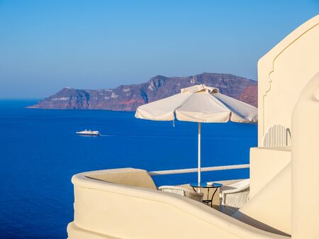 Amazing sea view on Santorini island from terrace. Santorini, Cyclades, Greece.の写真素材