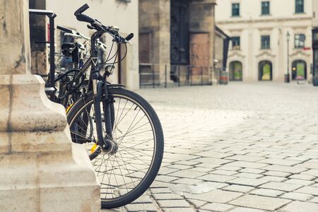 Close up photo of bicycle on european city street. Viennaの写真素材