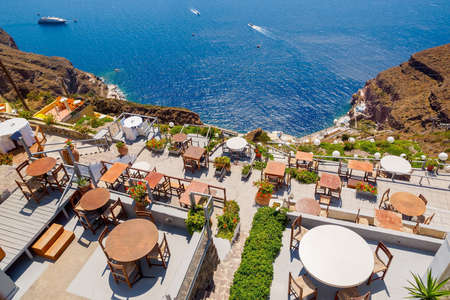 Santorini volcano view from cafe terrace. Santorini, Cyclades, Greece.のeditorial素材