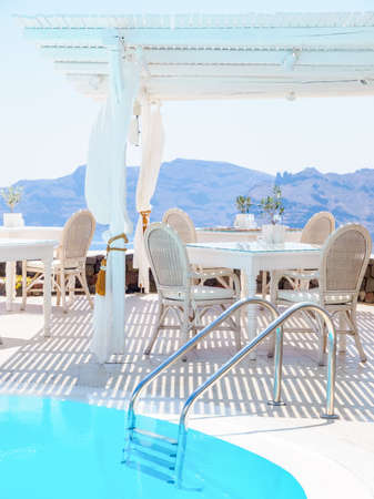 Amazing Santorini view from terrace. Luxury relax. Santorini, Cyclades, Greece.のeditorial素材