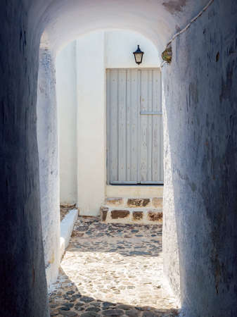 Pyrgos city view, Typical white santorini cave house. Santorini island view. Cyclades, Greece.のeditorial素材
