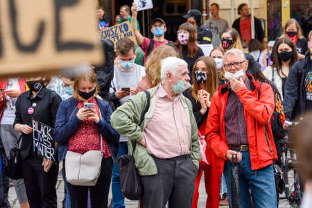 Wroclaw, Poland, 06.06.2020 - Two seniors talk on polish peaceful protest against racism and hatred in Wroclaw city.のeditorial素材