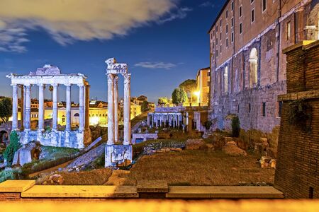 Night view of antique Roman Forum in Rome. Rome is a famous tourist destinationの写真素材