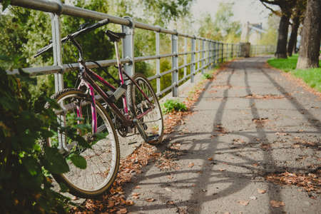 Bicycle on a city street. City bicycle, retro cycling in town, old retro bike, cycling or commuting in city urban environment, ecological transportation conceptの写真素材