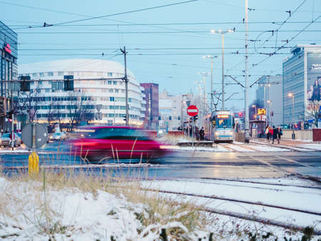 Urban environment, public transport and people walking in the city centerの写真素材
