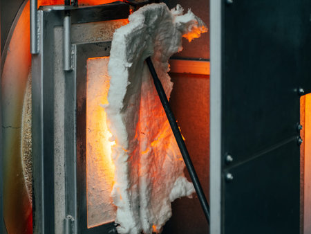 Closed red-hot furnace with fire to make the glass, close up photo. Kiln Furnace for Glass Blowing