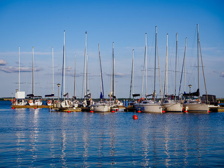 jetty full of moored sailing yachts in a row during summer vacation season with beautiful waterscape backgroundの写真素材