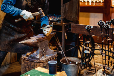 blacksmith is forging a souvenir horseshoe on a city street fairの写真素材