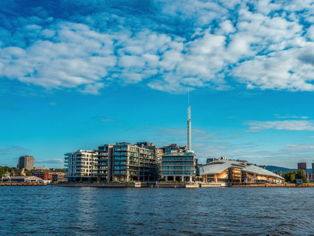 Waterfront view on Oslo city harbor and modern architecture in a sunny summer day. Norwayの写真素材