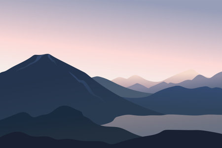 Peaceful landscape lake in the mountains at dawn in soft colors. Flat illustration.