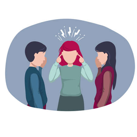 People share news and rumors. The girl covered her ears and her head aches from the gossip of men and women. Flat illustration.のイラスト素材