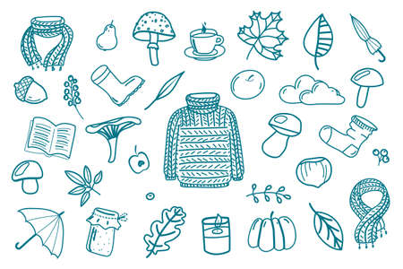Set of contour vector hand-drawn autumn elements. Collection of isolated seasonal icons: scarf, leaves, mushrooms, berries, jam, sock, shoes, umbrella, tea, acorn, nut, candle, pear, apple, book.のイラスト素材