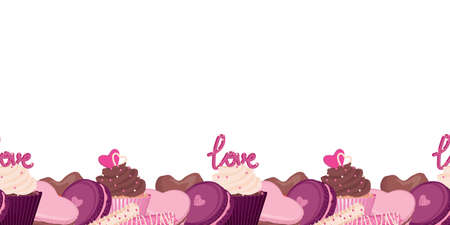 Cupcakes, macaroons and candies horizontal seamless border pattern. Vector illustration of a bright footer with sweets.のイラスト素材