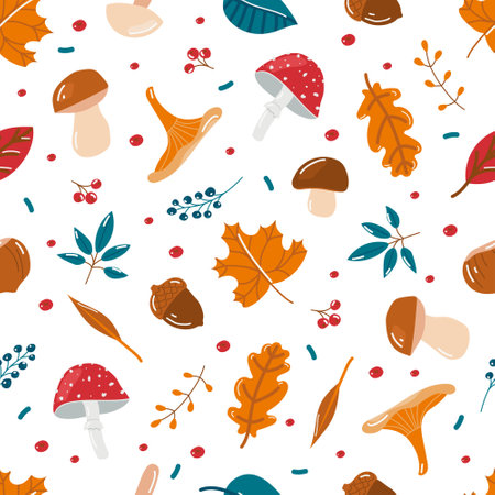 Hello autumn vector illustration with autumn elements, leaves, berries, mushrooms on a colored backgroundのイラスト素材