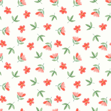 Watercolor floral seamless pattern. Hand painted flowers on white background. Pink flowers, petals and leaves. Cute watercolor seamless pattern.の写真素材