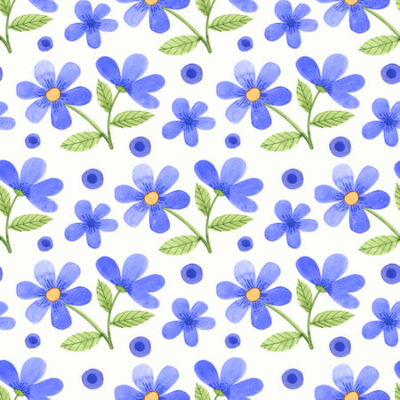 Seamless pattern with watercolor blue flowers. Summer pattern, blue flowers, watercolor illustration. Cartoon style, simple motif.の写真素材