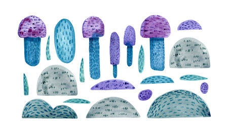 Forest mushrooms, tussock, purple fly agaric, abstract mushrooms in cartoon style. Watercolor set of abstract landscape illustrations. Isolated elements on a white background.の写真素材
