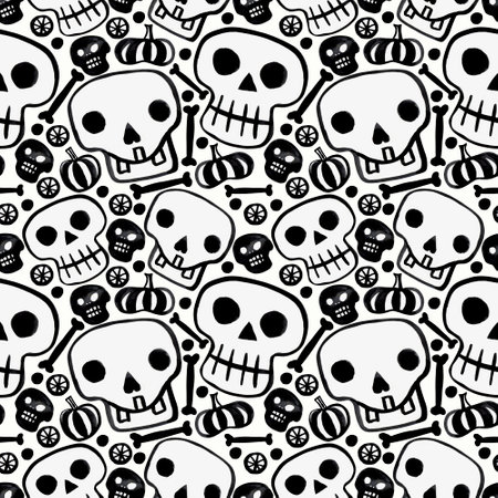 Halloween illustration, skull, bones, pumpkin. A large carnival of skulls in a graphic style. Watercolor illustration, seamless pattern for a holiday.の写真素材