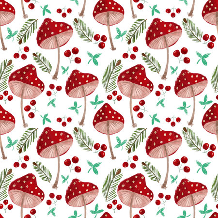 Cartoon mushrooms with red caps, green twigs and berries.の写真素材