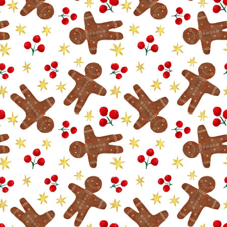 Gingerbread men against a background of berries and stars.の写真素材