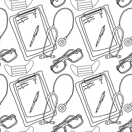 Medical instruments, doctors attributes - glasses, phonendoscope, medical mask.の写真素材