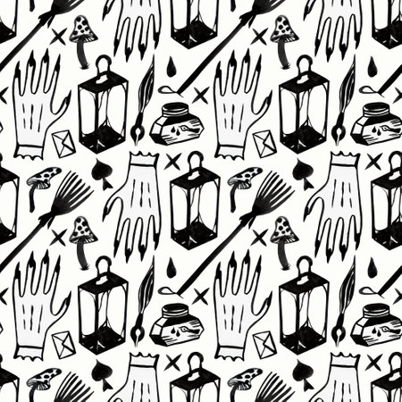 Witchcraft supplies, witch hands, broom, lamp, inkwell and fountain pen.の写真素材