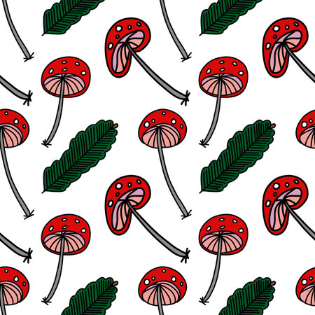 Cartoon fly agarics, spruce branches.の写真素材