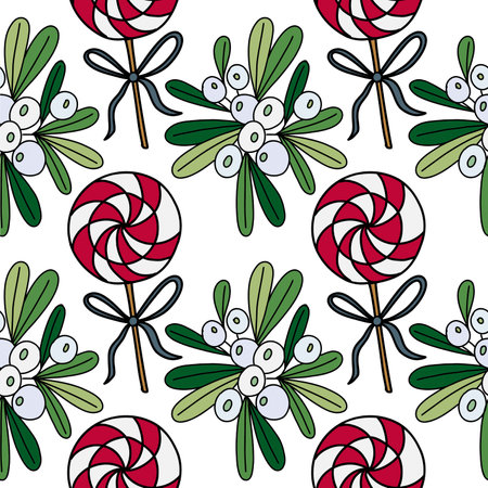 Seamless pattern with caramel on a stick and winter flowers.の写真素材