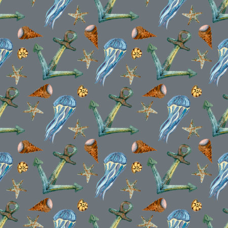 Seamless pattern with marine life and anchorsの写真素材