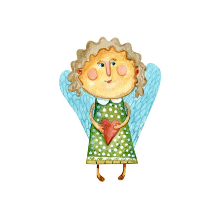 A cartoon figurine of a girl with wings, holding a heart in her hands.の写真素材
