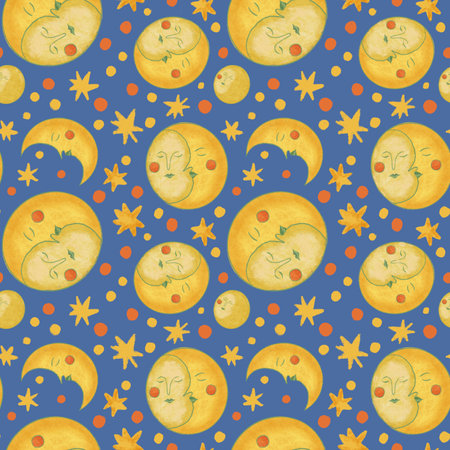 Cartoon moon and sun in a blue sky.の写真素材