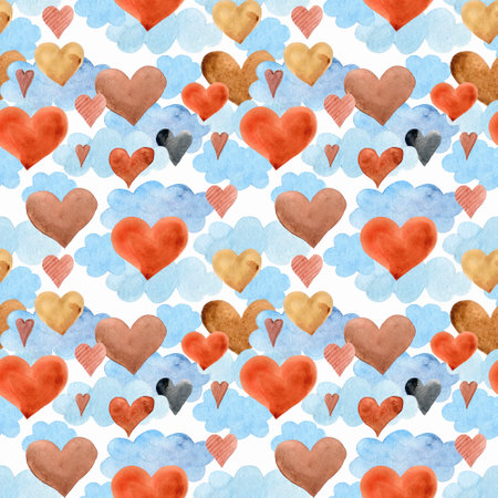 Seamless pattern of red hearts flying in the clouds.の写真素材