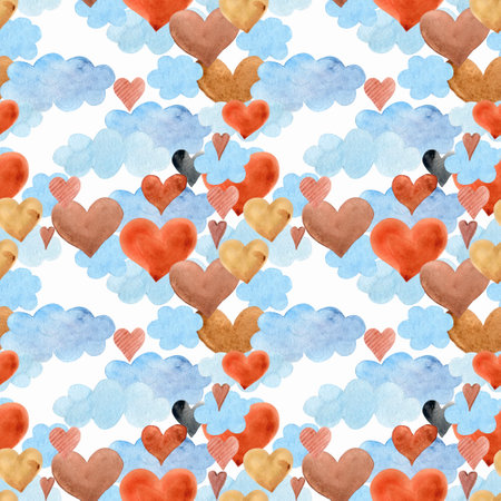 Seamless pattern of red hearts flying in the clouds.の写真素材