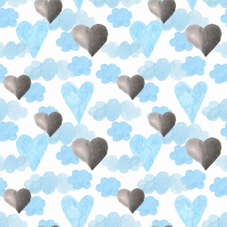 Seamless pattern of red hearts flying in the clouds.の写真素材