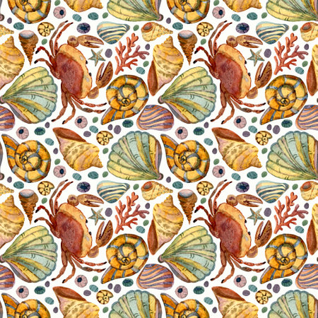 Watercolor illustration ,seamless pattern with underwater inhabitants, crabs, shells and algae.の写真素材