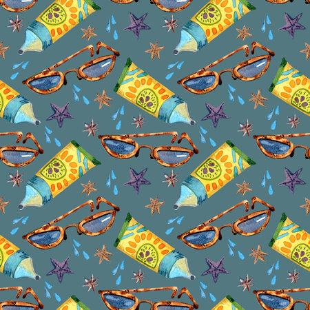 Fashionable sunglasses, cream and stars on a blue background, seamless pattern.