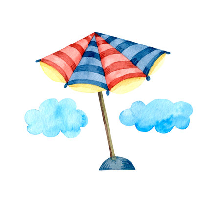 Watercolor illustration of a beach umbrella isolated on a white background.の写真素材