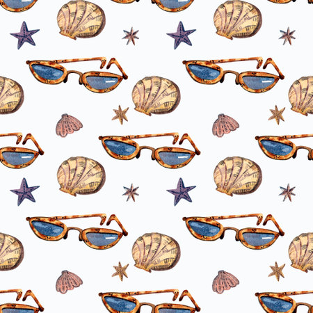 Seamless pattern watercolor illustration with beach accessories, sunglasses, glasses, seashells.の写真素材