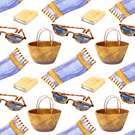 A luxurious summer pattern with tropical plants, marine life and beach accessories.