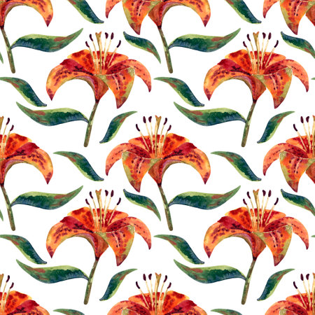 Beautifully stylized orange lily design on a neutral background creating visual harmony, watercolor pattern.の写真素材