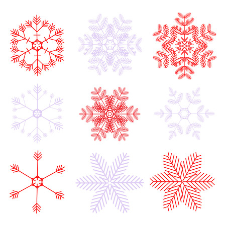 Set of 9 vector red and lilac snowflakes. Cute flat winter isolated iconsのイラスト素材