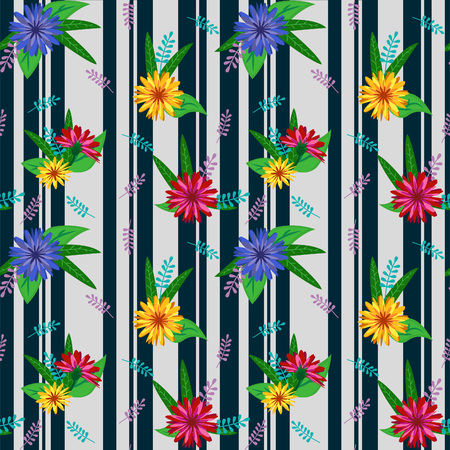 Vector seamless pattern with bright multi-colored flowers on gray and black striped background. Separate groups of flowers on a darkのイラスト素材