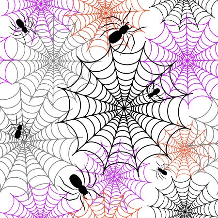Vector seamless pattern of webs and spiders. Black, orange, lilac ornament for Halloween decoration for Wallpaper, textiles, packaging paper, plasticのイラスト素材