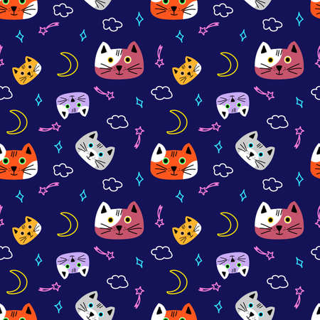 Vector seamless pattern with funny cats in the night. Colorful muzzles of kittens on a dark background with stars, moon and cloudsのイラスト素材