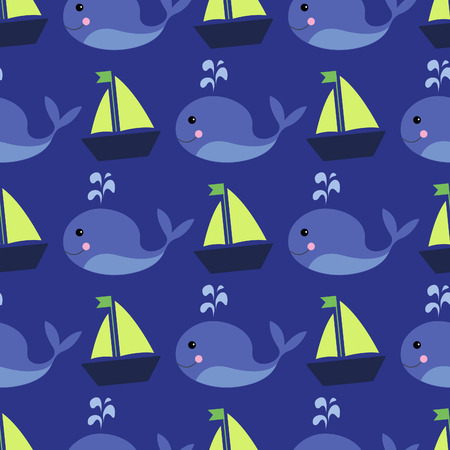 In the ocean, Seamless pattern with funny cartoon whales and shipsのイラスト素材